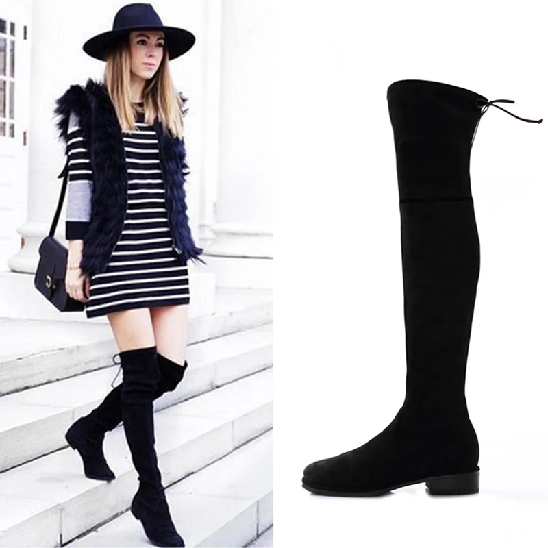 Women Winter Boots Stretch Slim Over Knee Boots With Plush Black Thigh High Shoes Woman Round Toe Winter Black