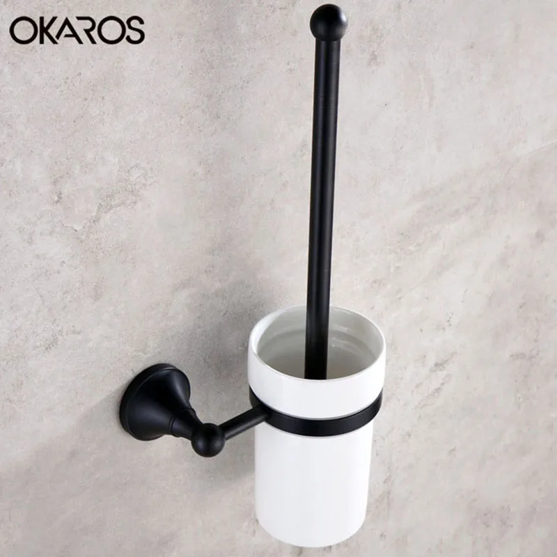 Okaros Ванная комната туалет Кисточки держатель с Керамика чашка твердая латунь масло втирают Черный/Бронзовый Настенные Аксессуары для ванной комнаты