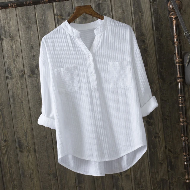 New Autumn Women Shirt Long Sleeve Loose V-neck White Blouse Double Pockets  Casual Ladies Blouses