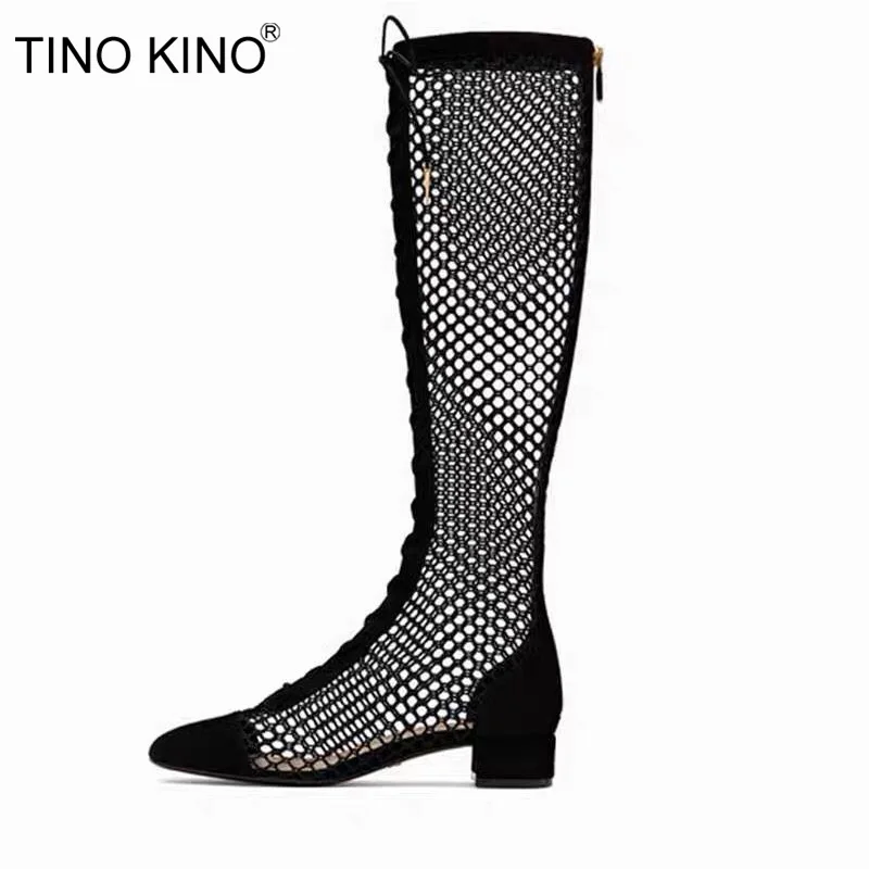 

TINO KINO Women Mesh Cross Tie Autumn Knee High Boots Hollow Out Zip Ladies Breathable Fashion Botas 2019 New Female Shoes