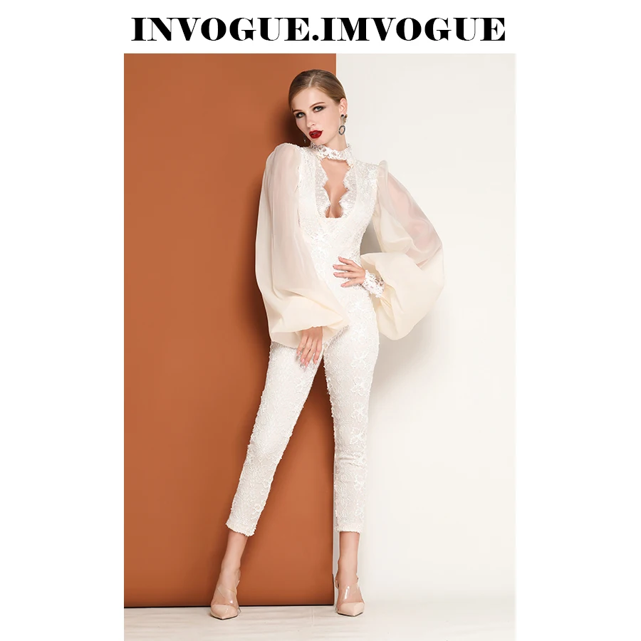 INVOGUE. IMVOGUE Новое поступление элегантные кружевные Сексуальная Key Hole с круглым вырезом одежда с длинным рукавом облегающее Одноцветный комбинезон