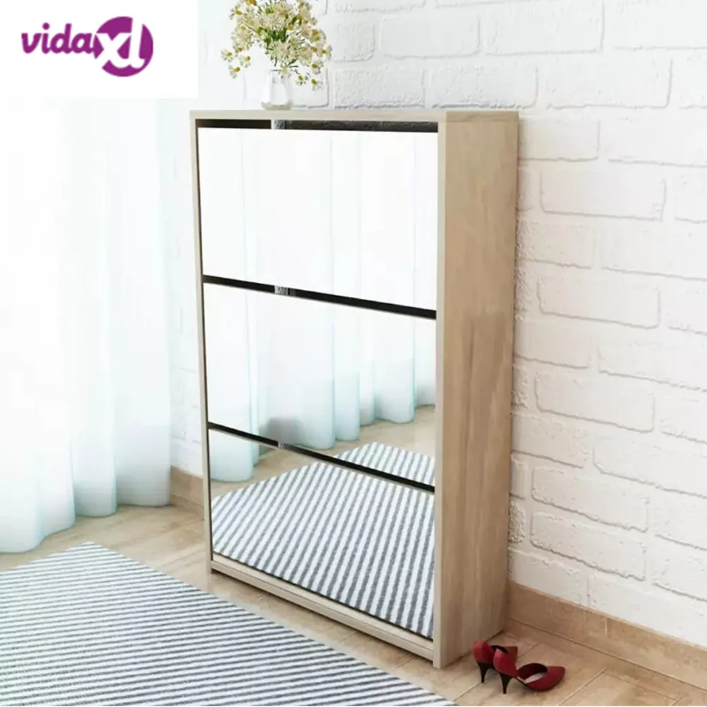 

VidaXL Shoe Cabinet 3-Layer Mirror Oak 63x17x102.5 Cm Oak Stylish Mirrored Shoes Organizer Home Bedroom Shoe Racks Shelf Cabine