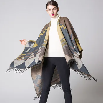 

Autumn Winter Women's Scarf Knitted Shawl Poncho Geometric Pattern Tassel Oversized Long Bohemia Cape Warm Fashion Scarf Wraps