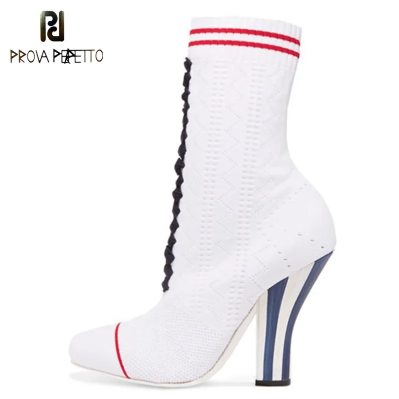 

Prova Perfetto Spring Autumn Sock Boots Women Stretch Fabric Boots High Heels Ankle Boots Slip on High Heels Femme Short Boots