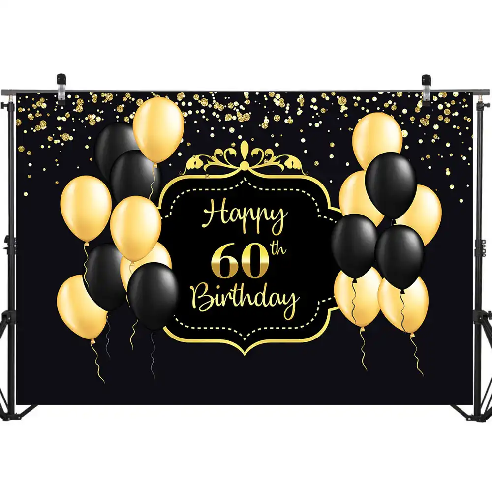 Happy 60th Birthday Backdrop Black Yellow Balloon Background Gold Light ...