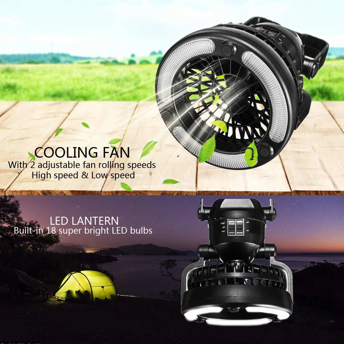 

2 Mode 18 LED Tent Light 2 In 1 Camping Ceiling Fan Light Hanging Tent Lamp Lantern Outdoor Tent Light Fan