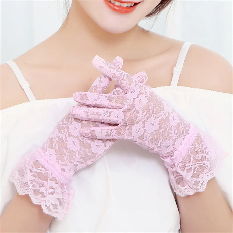 Сексуальные цветочные кружева перчатки полный палец Защита от солнца Guantes Лето анти-УФ, для вождения перчатки женские вечерние аксессуары - Цвет: Pink