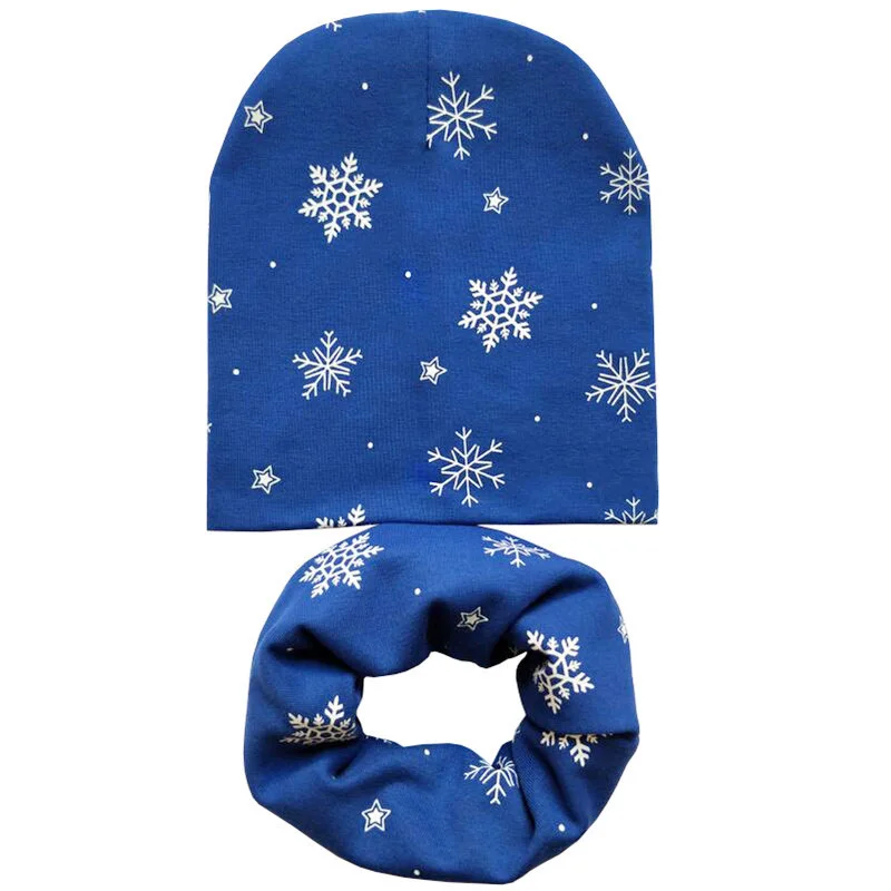 Blue Snowflake Set Новая осенне-зимняя детская шапка, комплект для мальчиков и девочек, шарф на шею, весенний теплый шейный платок, детские вязаные шапки, комплекты, хлопковая детская шапка, шарф - Цвет: Blue Snowflake Set