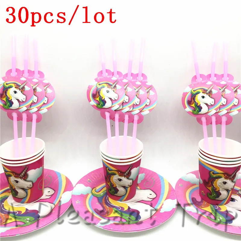 

30Pcs/Lot Cartoon Unicorn Theme Party Decoration Happy Birthday Straws Papers Cups Plates Boys Favors Party Supplies For Kids