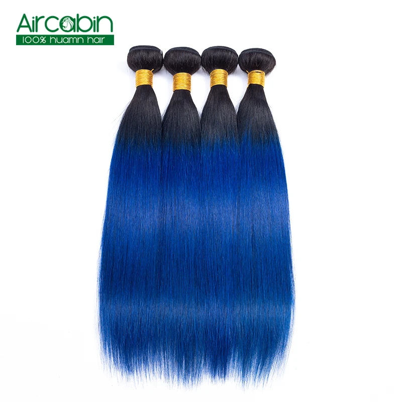 Ombre Bundles Aircabin 1B/ Blue Two Tone 100% Human Hair Brazilian Straight Hair 4 Bundles Non Remy Extensions