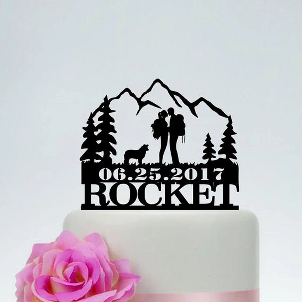 Custom Hiking Couple Theme Wedding Cake Topper,Backpack Bride and Groom with dog,Outdoor Mountain Wedding Cake Topper with tree