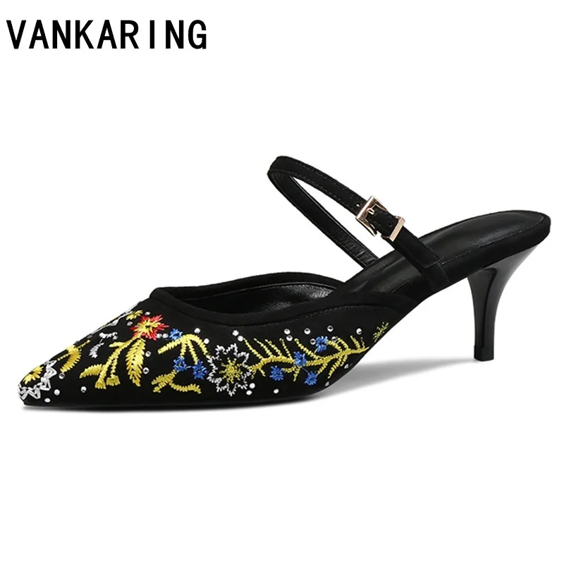 

new embroidery leather pumps slingbacks summer shoes woman slippers pointed toe high heels black dress wedding shoes woman mules