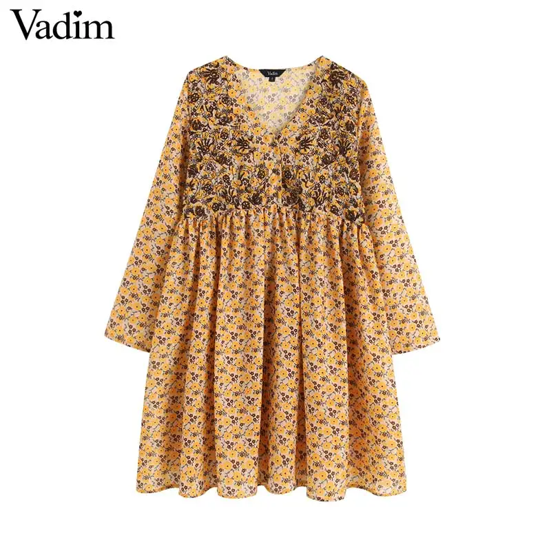 

Vadim floral embroidery print mini dress V neck pleated long sleeve female casual straight dresses summer vintage vestidos QB249