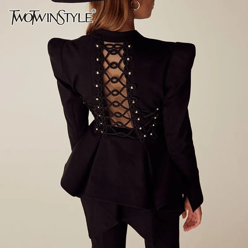 TWOTWINSTYLE элегантный блейзер с бусами для женщин, v-образный вырез, длинный рукав, открытая туника, тонкое женское пальто, модная одежда