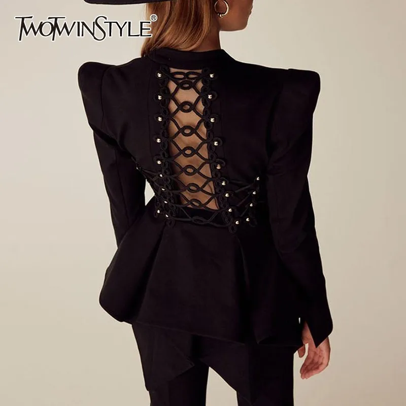 Deuxtwinstyle élégant perlage Blazer pour femmes col en V à manches longues évider tunique Slim manteau femme mode vêtements 2019 nouveau