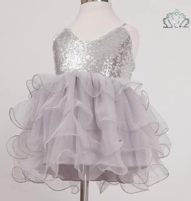 2016 New Slings Silver Sequined Baby Girl Dress Children Gray Mesh