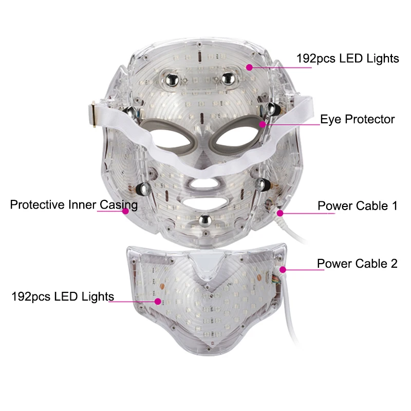 7 цветов светодиодный свет маска для лица с шеи Красота Инструмент лечение акне Осветление кожи лица Омоложение кожи Красная терапия светодиодным светом