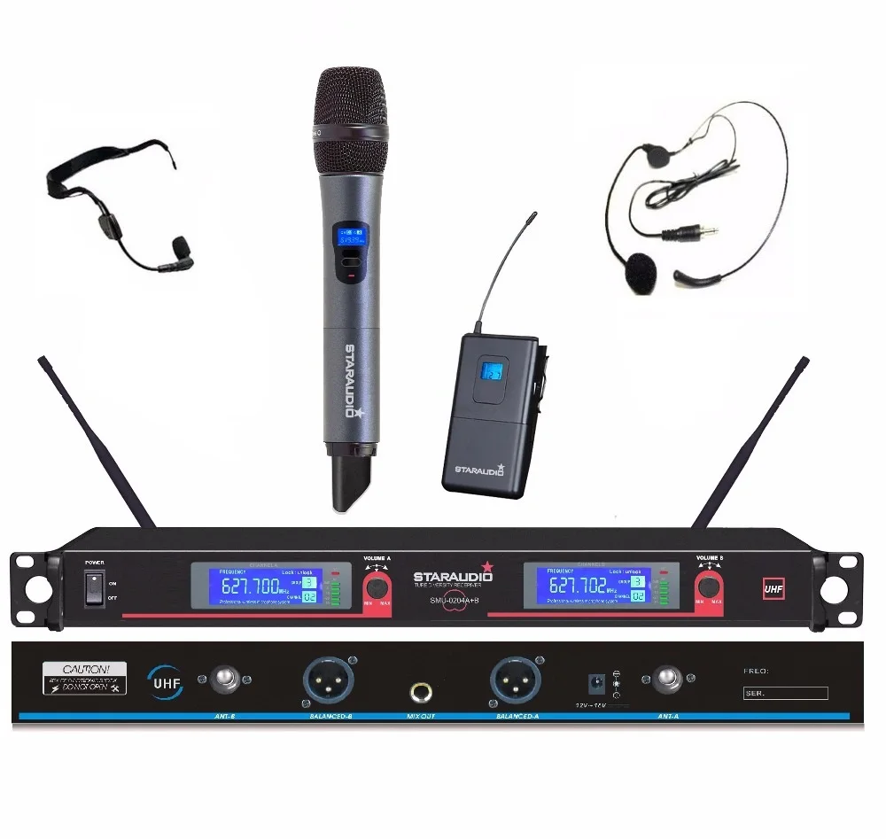 

STARAUDIO SMU-0204A+B Pro Wireless 2CH UHF Handheld and Lapel Headset Microphone System Mic