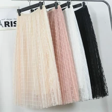 Летние Для женщин плед Сетка; с высокой талией юбки новые женские Девушки плиссированные элегантный эластичный пояс юбки праздничная