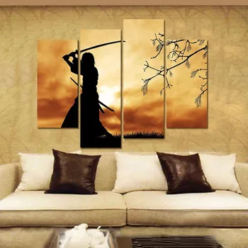 

Figure Paintings Wall Art Bushido Spirit Illustration Japanese Samurai 4 Panel Picture Print on Canvas for Home Decoration