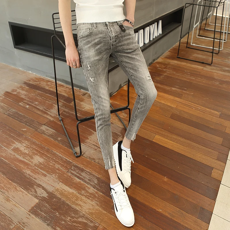 2019 spring men's new denim 9 points pants tide men's hole slim slim feet pants youth simple jeans