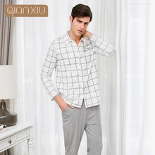 Осенняя домашняя одежда для мужчин повседневная клетчатая Пижама Наборы Мужской Хлопковый пижамный комплект пары с длинными рукавами и отложным воротником рубашка и брюки