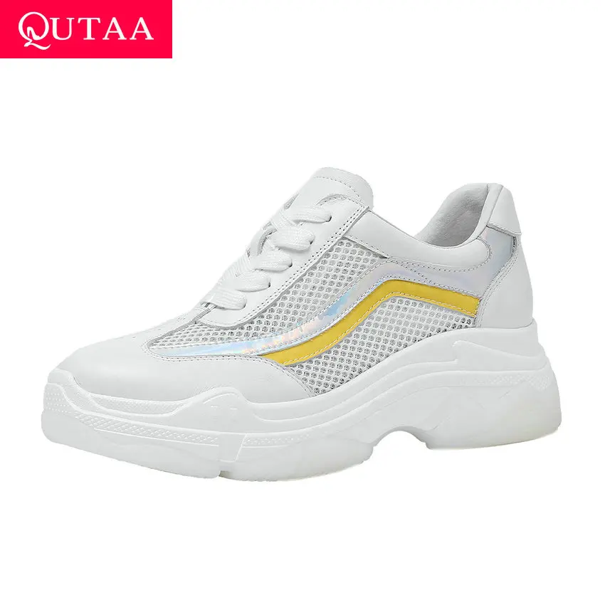 

QUTAA 2020 Fashion Mixed Color Mesh Genuine Leather Height Increasing Women Shoes Spring Autumn Comfortable Sneakers Size 34-40
