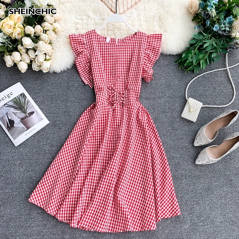 

Vintage 2019 Summer Red Pink Black Women Plaid Dress Elegant O Neck Ruffles Sweet Drawstring Dress Casual A Line Vestidos Verano
