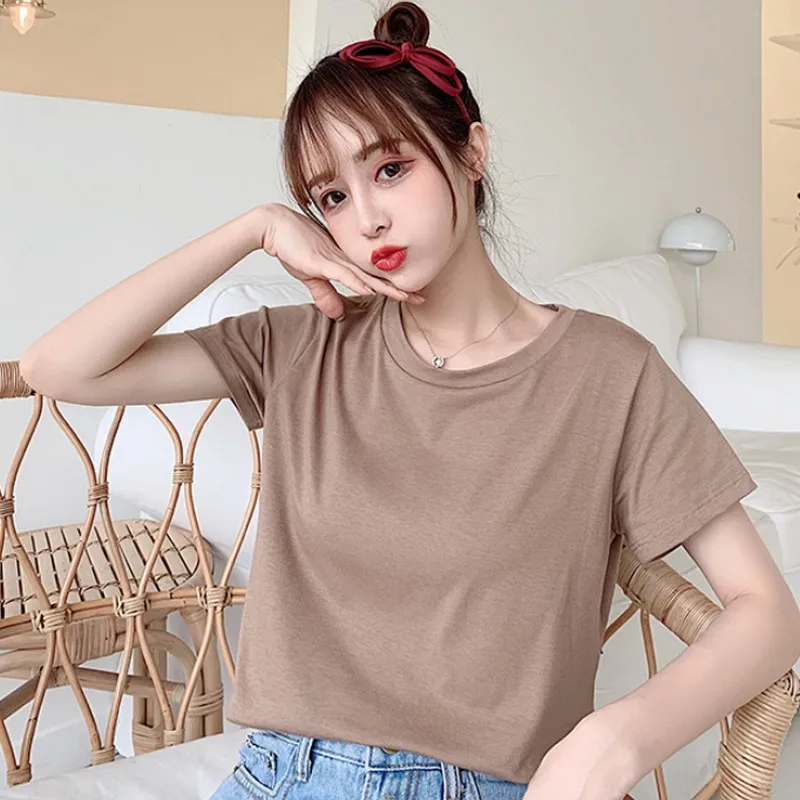 

11 Candy Colors Plus Size Korean Style Solid Color O-Neck Women T-shirt Summer College Style Short-Sleeved Female Student Tshirt