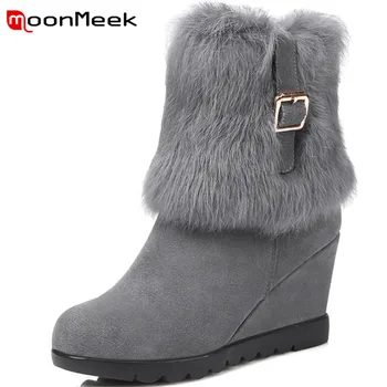 

MoonMeek hot sale 2020 sexy high heels ankle boots popular wedges boots woman cow suede leather boots ladies fur winter shoes