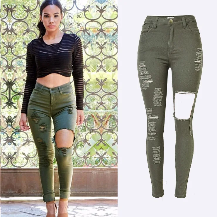 Модные, пикантные Рваные джинсы с отверстиями плюс Размеры Высокая Талия проблемных Джинсы для женщин Для женщин Армейский зеленый тощий