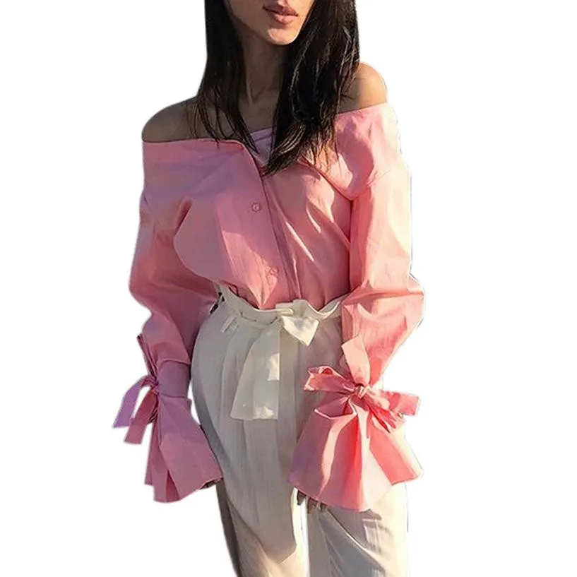 

Cute Girls Bowknot Pink Blouses Women Autumn Off Shoulder Casual Shirts Ladies Elegant Flare Long Sleeve Buttons Tops Spring #YL