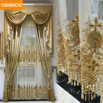 

Custom curtains luxury European gold coffee jacquard water soluble embroidery cloth blackout curtain tulle valance drapes N688