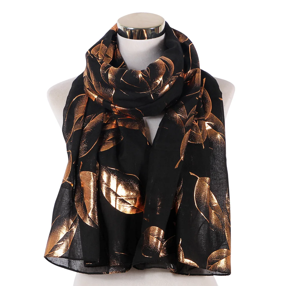 

OLOME Vintage Gold Leaves Print Scarfs Women Foil Glitter hijab Scarves Wraps Female Ladies Shawl fular foulard femme