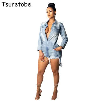 

Tsuretobe Tassel Ripped Denim Playsuits Women Spring Casual Irregular Short Jumpsuit Loose Long Sleeve Single-breasted Overalls