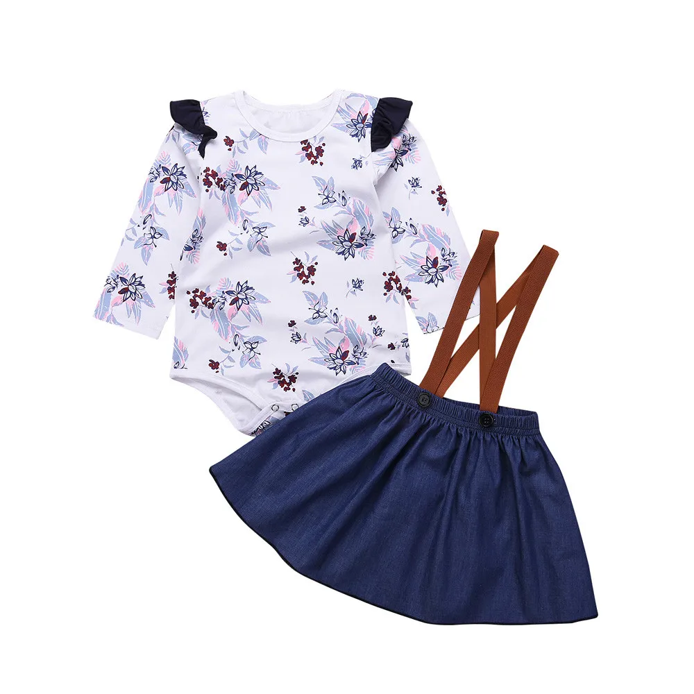 Комплект одежды для маленьких девочек из 2 предметов; комбинезон с цветочным рисунком; джинсовый комбинезон; юбка на бретелях; комплект одежды; roupa infantil vetement enfant fille - Цвет: White