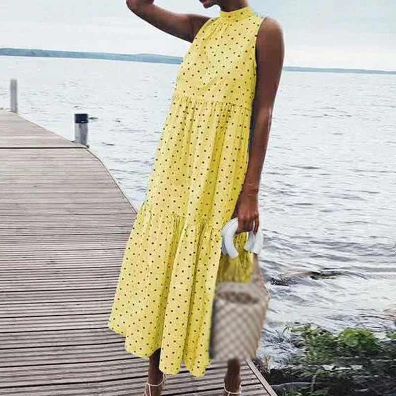 

Women's Cotton Blends Retro Polka Dots Sleeveless Summer Casual Bohemian Style Dress