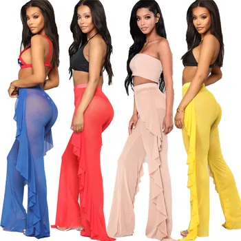 

Fashion Women Sexy Mesh Pants Beach Wear Bikini Cover Up Swimwear High Waist Ruffle Pants Trousers