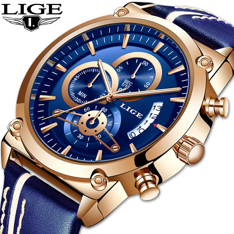 

LIGE New Men's Watch Chronograph Analog Quartz Watch Date Creative Dial Blue Leather Strap Waterproof Wrists Watch Reloj Hombre