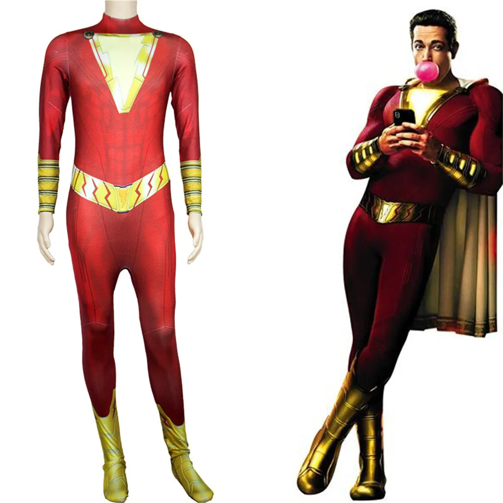

Shazam Captain Marvel Cosplay Costume Zentai Billy Batson Superhero Bodysuit Suit Jumpsuits Adult Halloween Carnival Costume