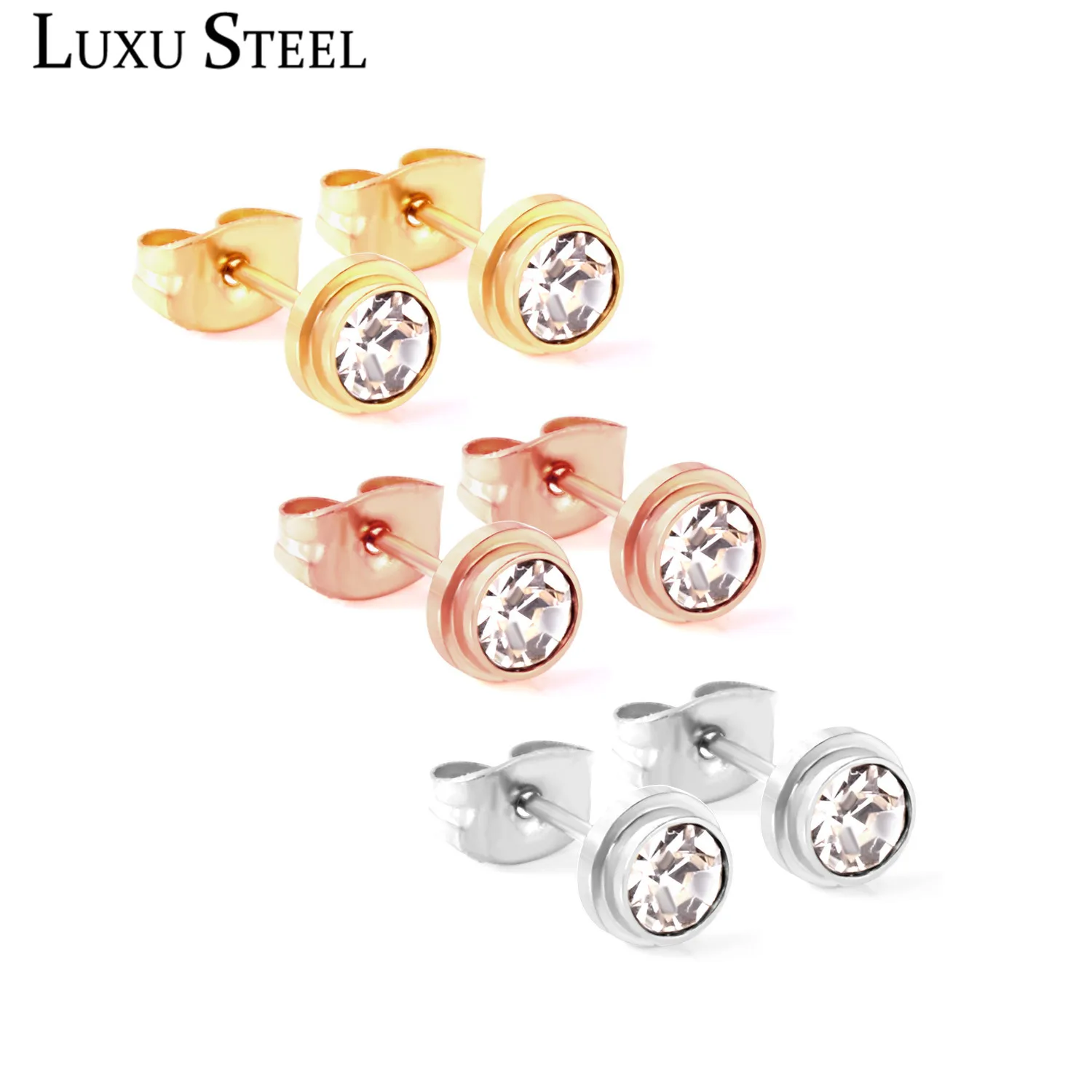 

LUXUSTEEL Round Cubic Zirconia 3Pairs Earring Sets Mixed Color Push Back Earring Fashion Jewelry Female Collier Gift