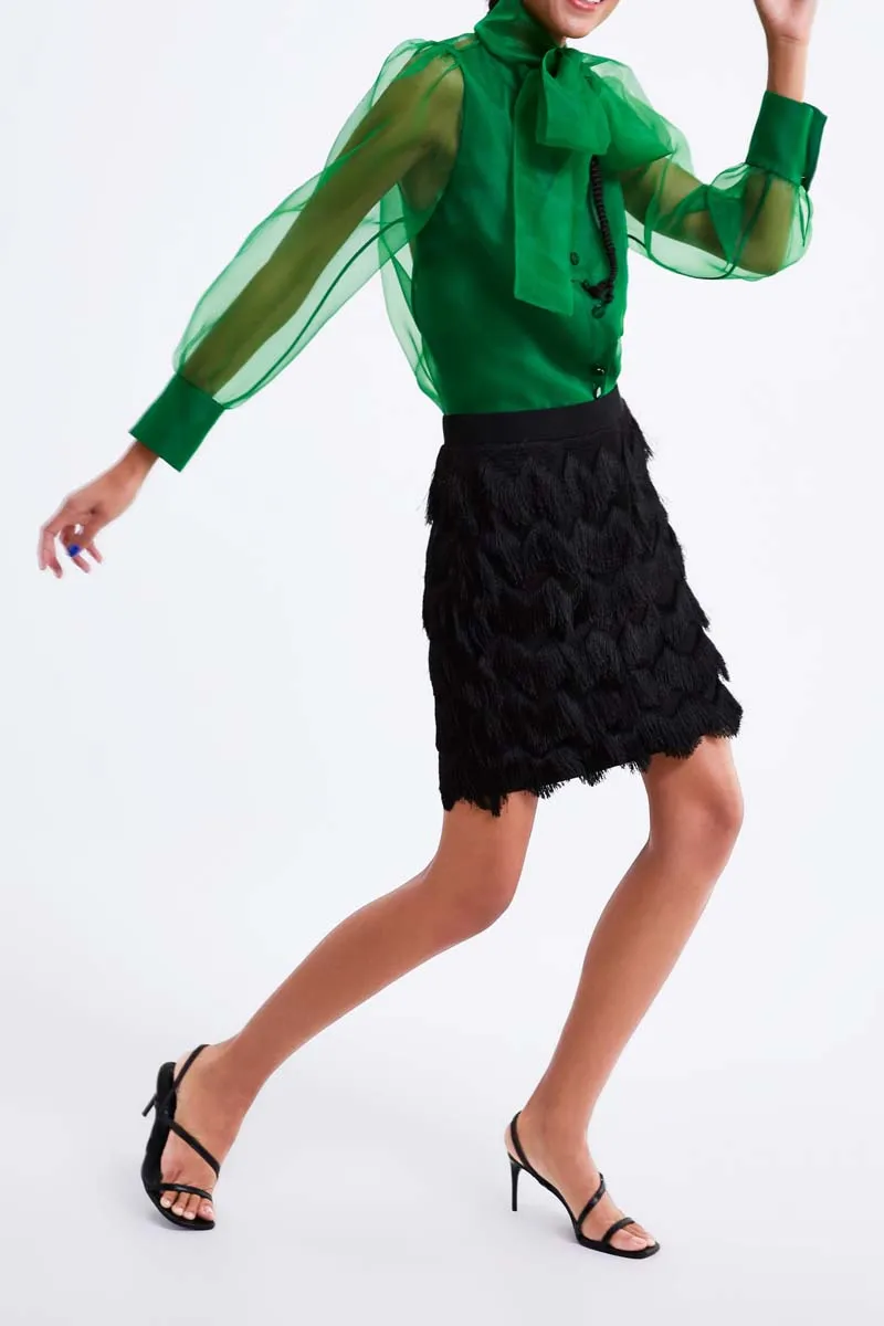 YNZZU, Весенняя Элегантная блузка для женщин, зеленая органза, бант, воротник, длинный рукав, свободные женские топы и блузки, женская блуза YT564