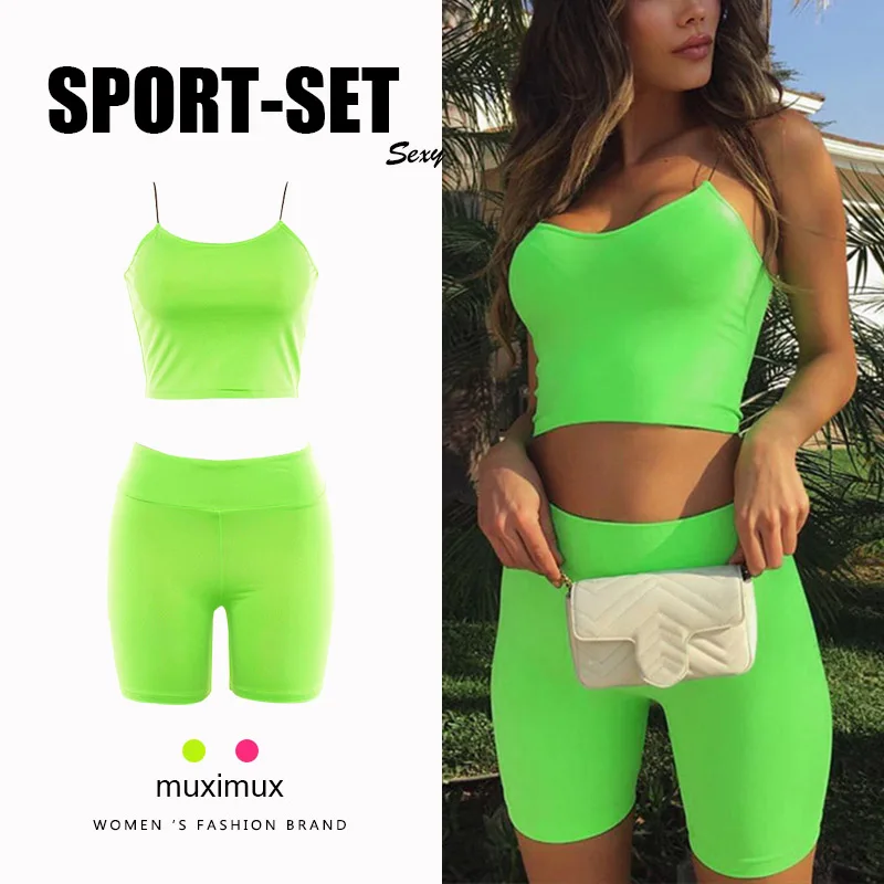 

2019 Women Fitness 2 Piece Set Tracksuit Woman Sleeveless Spaghetti Straps Camis Crop Top High Waist Shorts Pants Trouser