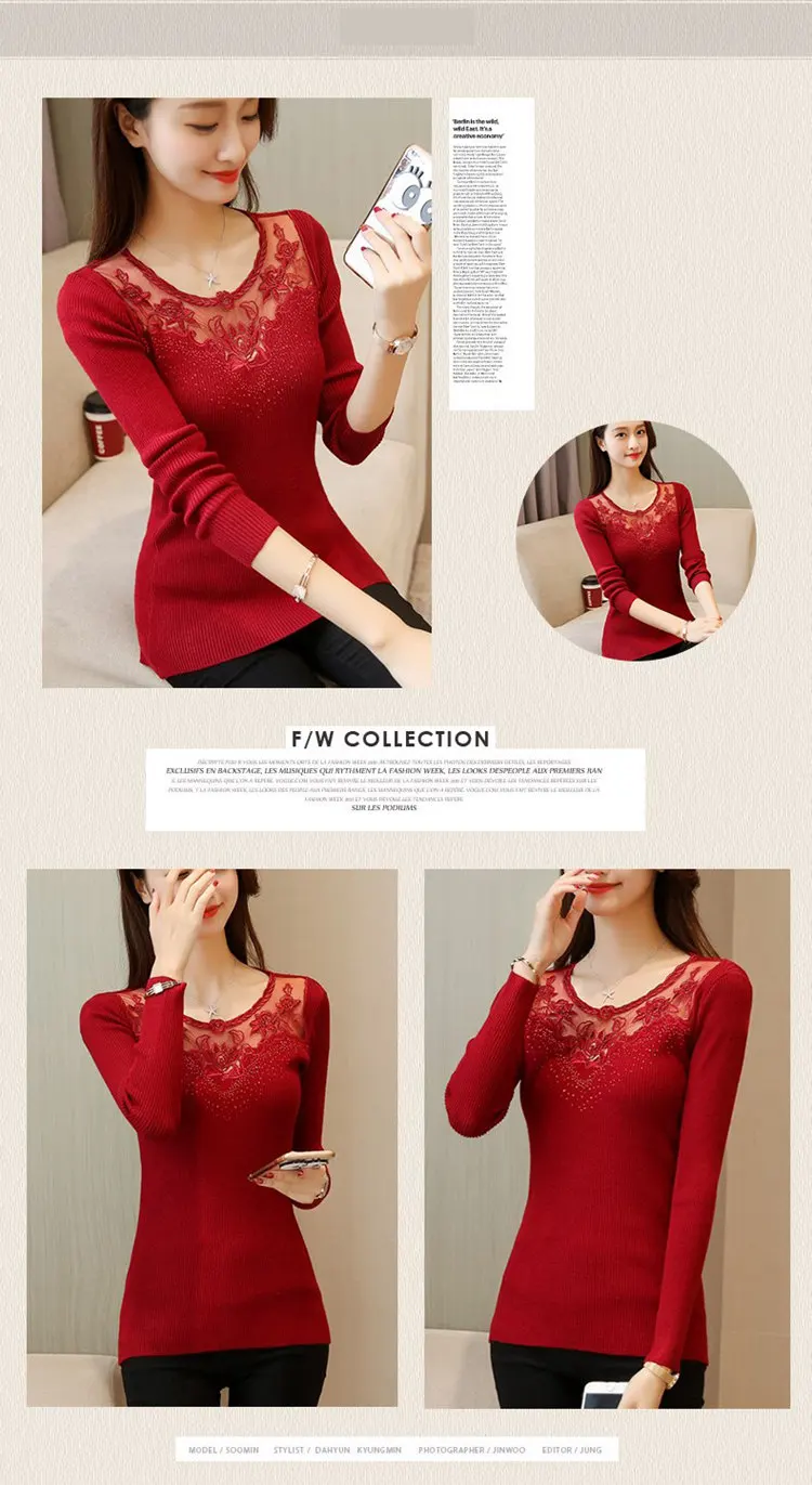 Personality Diamonds Sweater Women Sexy Lace Mesh Patchwrok Sweater Autumn Casual O-neck Knitted Sweaters And Pullovers 2019 (2)