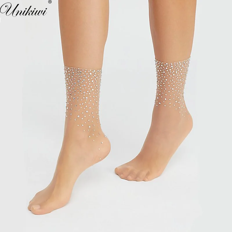 

UNIKIWI.Women's Luxurious Rhinestone Thin Crystal Socks Sox.Ladies Velvet Transparent Thin Silk Socks Female Hosiery.2 Colors