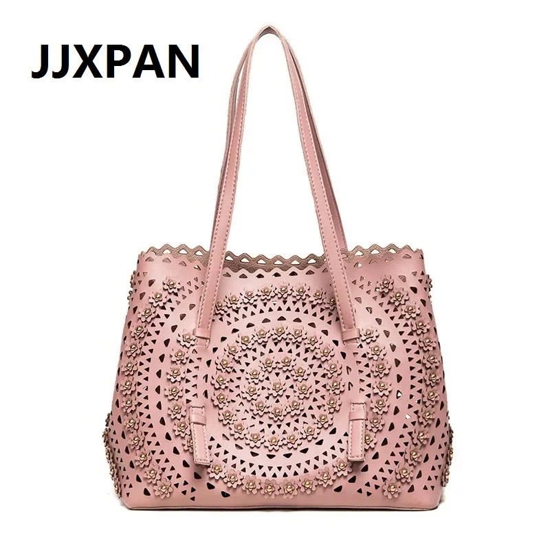 

2pcs Luxury Handbags Ladies Big Tote Bag Women PU Leather Flowers Hollow Out Rivet Shoulder Bags Female Chic Designer 2019 New