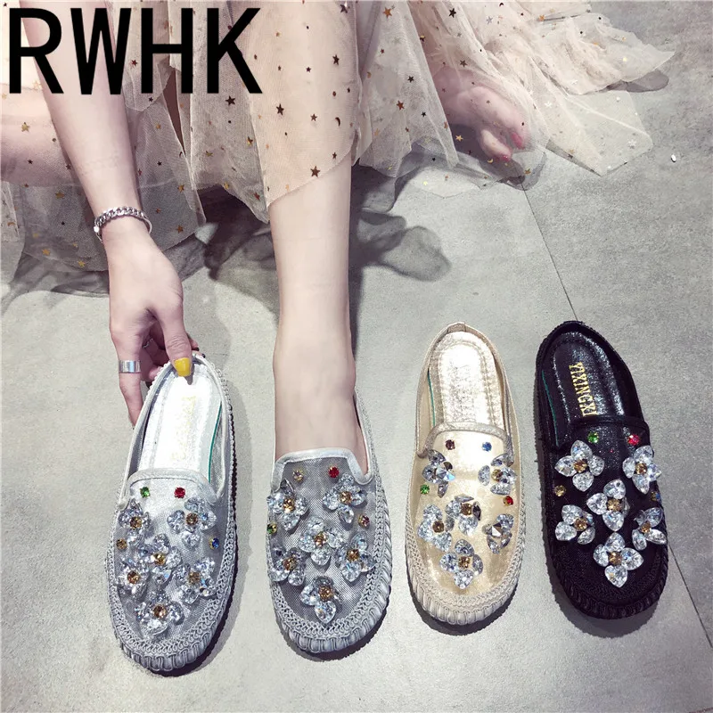

RWHK 2019 summer rhinestone mesh breathable round head flat bottom half drag female casual comfortable wear slippers B141