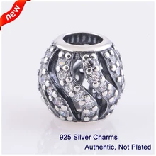 L346 новое поступление настоящий серебряные бусины 925 пробы ажурный с камнями волны с подвеска с прозрачными кубическими цирконами Подходит Pandora Браслеты сделай сам