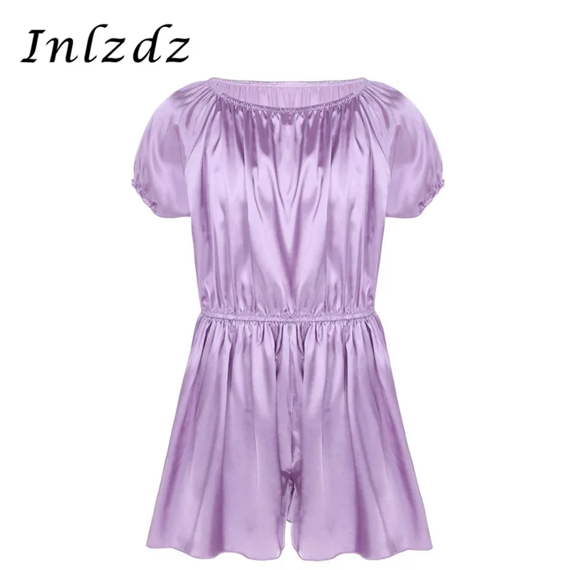 

Mens Sissy Crossdress Dress Short Sleeve Elastic Neckline Waist Shiny Frilly Sissy Satin Dress Lingerie Suit Male Sissy Clothing
