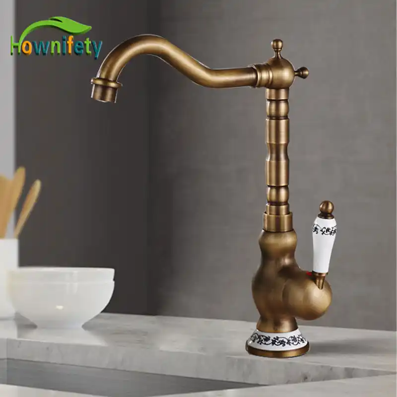 Antique Brass Kitchen Faucet Hot Cold Mixer Tap Single Hole